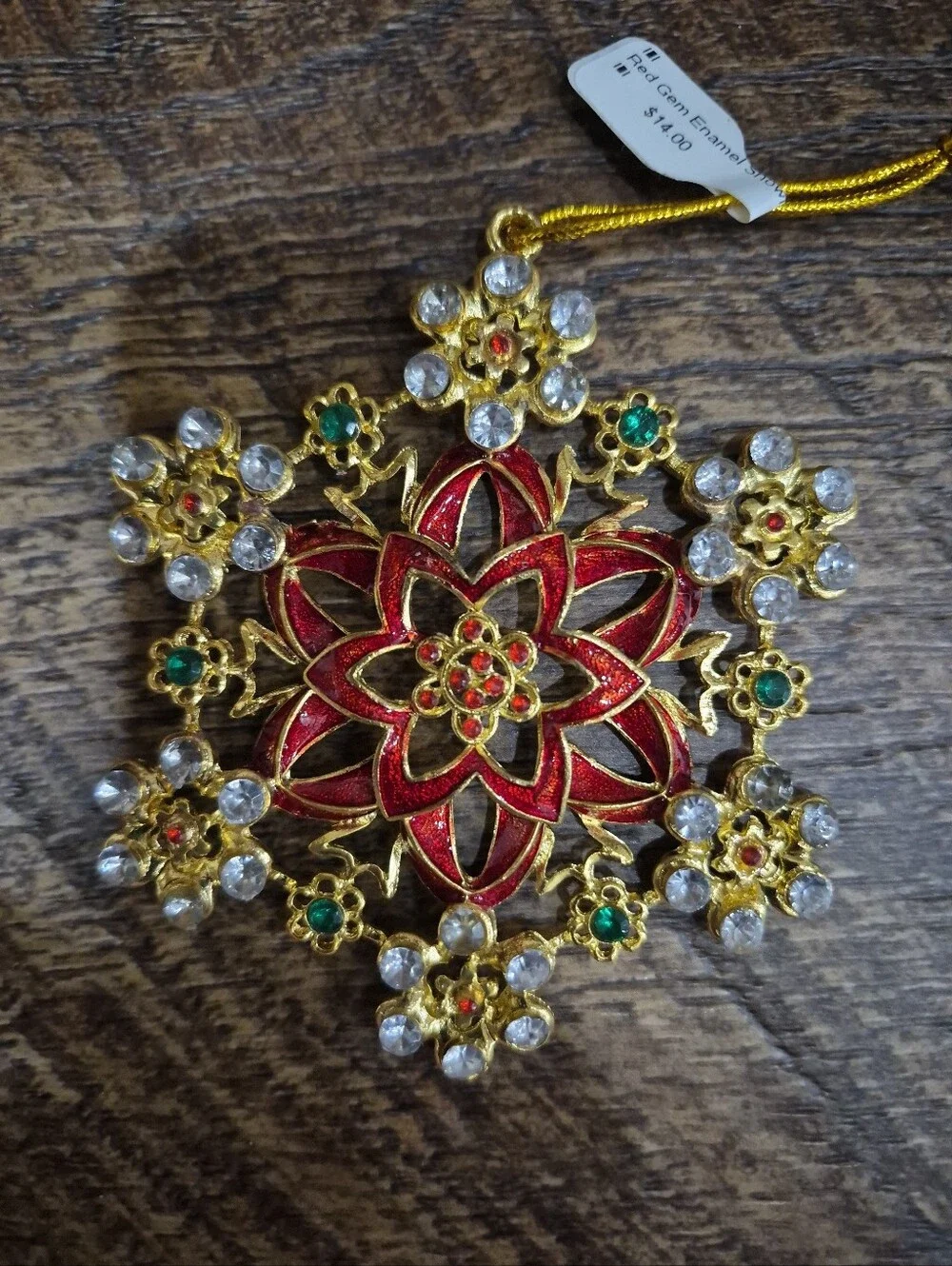Vintage Oldstock Elegant Red Enamel & Crystal Poinsettia Snowflake Ornament